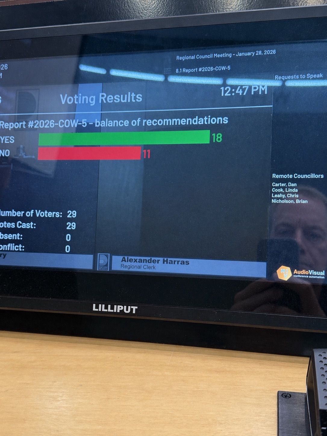 Durham Regional Council voting results screen