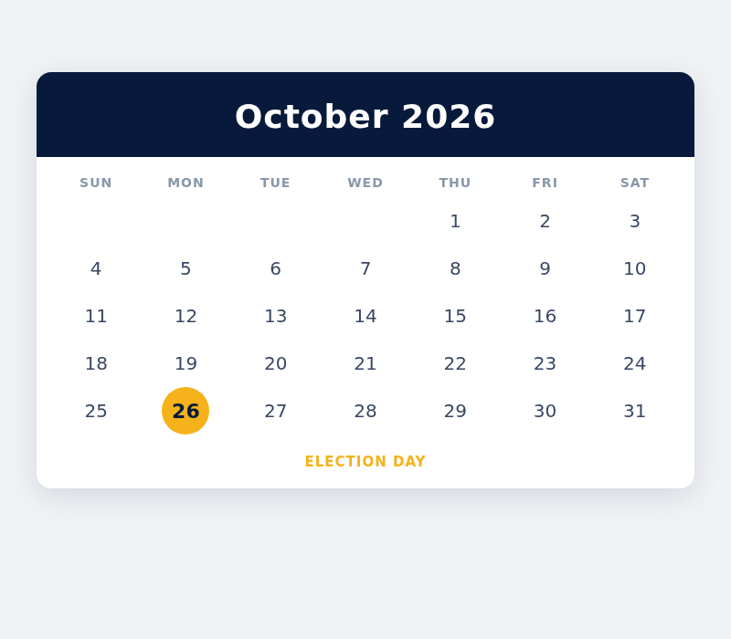 October 2026 calendar with Election Day October 26 highlighted
